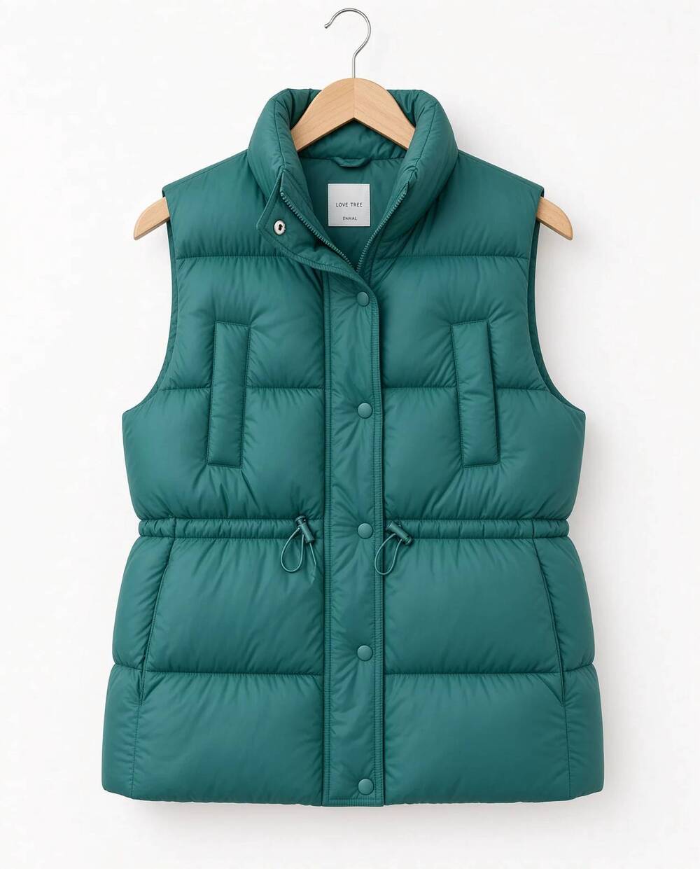NEW LOVE TREE women's zip up button puffer vest with waist toggles in green
